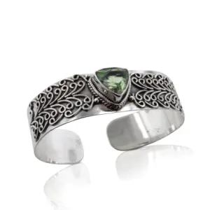 12mm Trillion Genuine Prasiolite Green Amethyst Sterling Silver Cuff Bracelet
