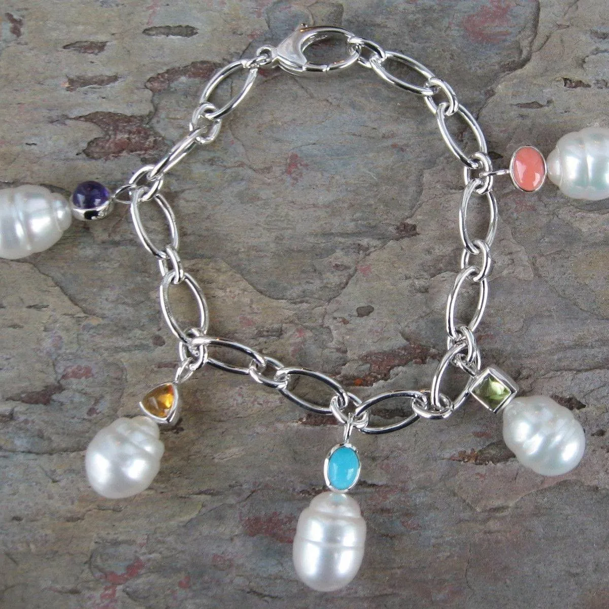 14KT White Gold Gemstones   Genuine Paspaley South Sea Pearls Bracelet