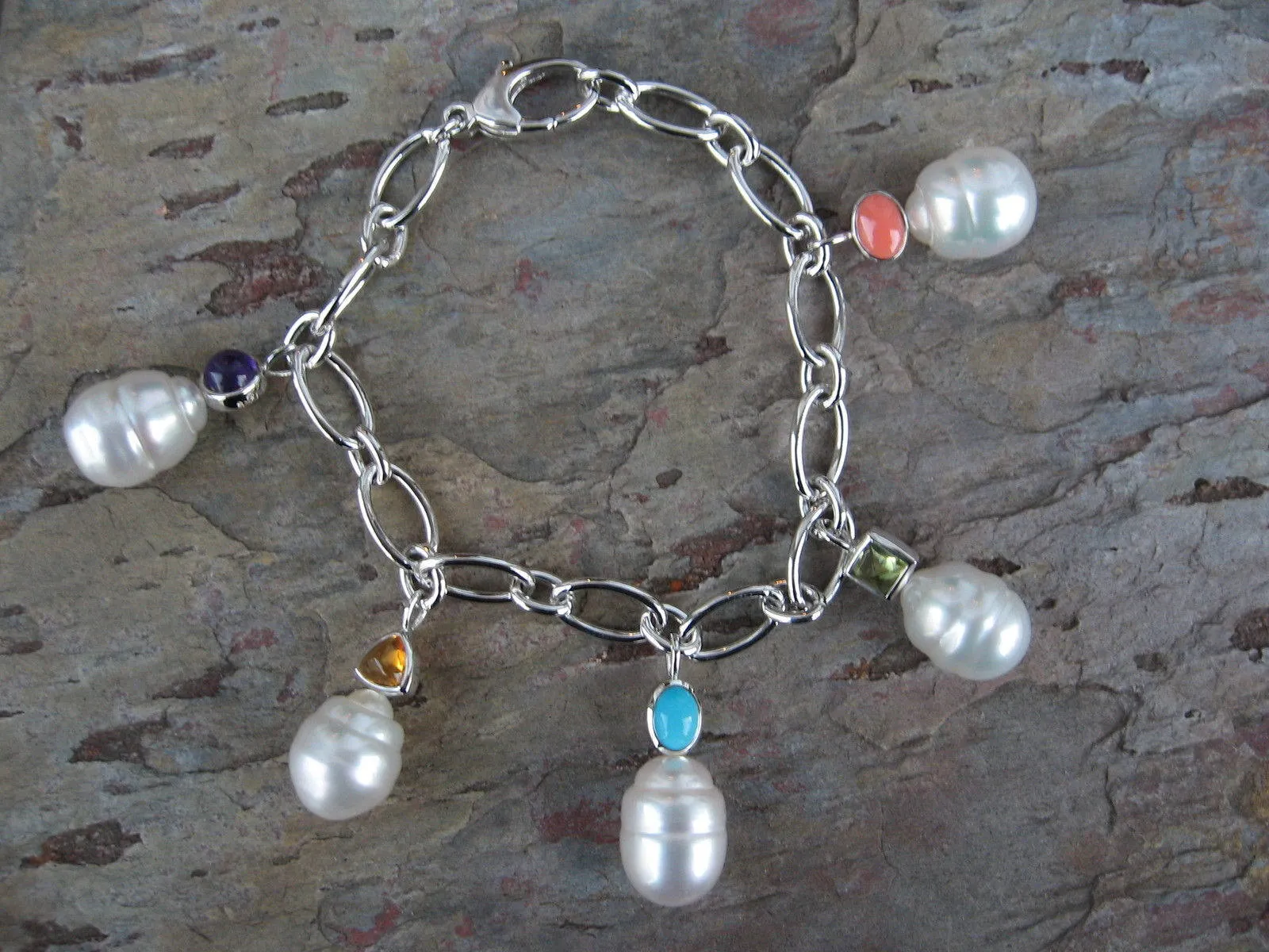 14KT White Gold Gemstones   Genuine Paspaley South Sea Pearls Bracelet