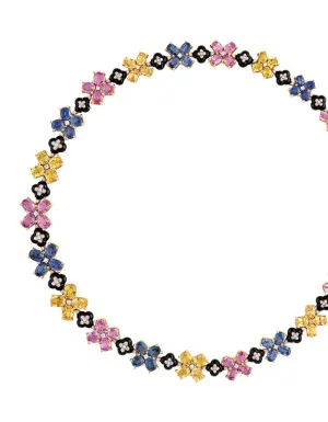 18k Yellow Gold, Black Onyx, Diamond, Yellow, Blue and Pink Sapphire Necklace