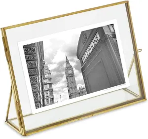 A N BRASS WORLD Decorative Metal & Glass Vintage (Landscape) Standing Photo Frame with Pressed Table -Top Frame Flower Plant Display Photo Frame with 2 Sides Glass (Golden, Size - 10x8 inch)