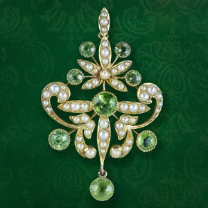 Antique Victorian Peridot Pearl Pendant 15ct Gold