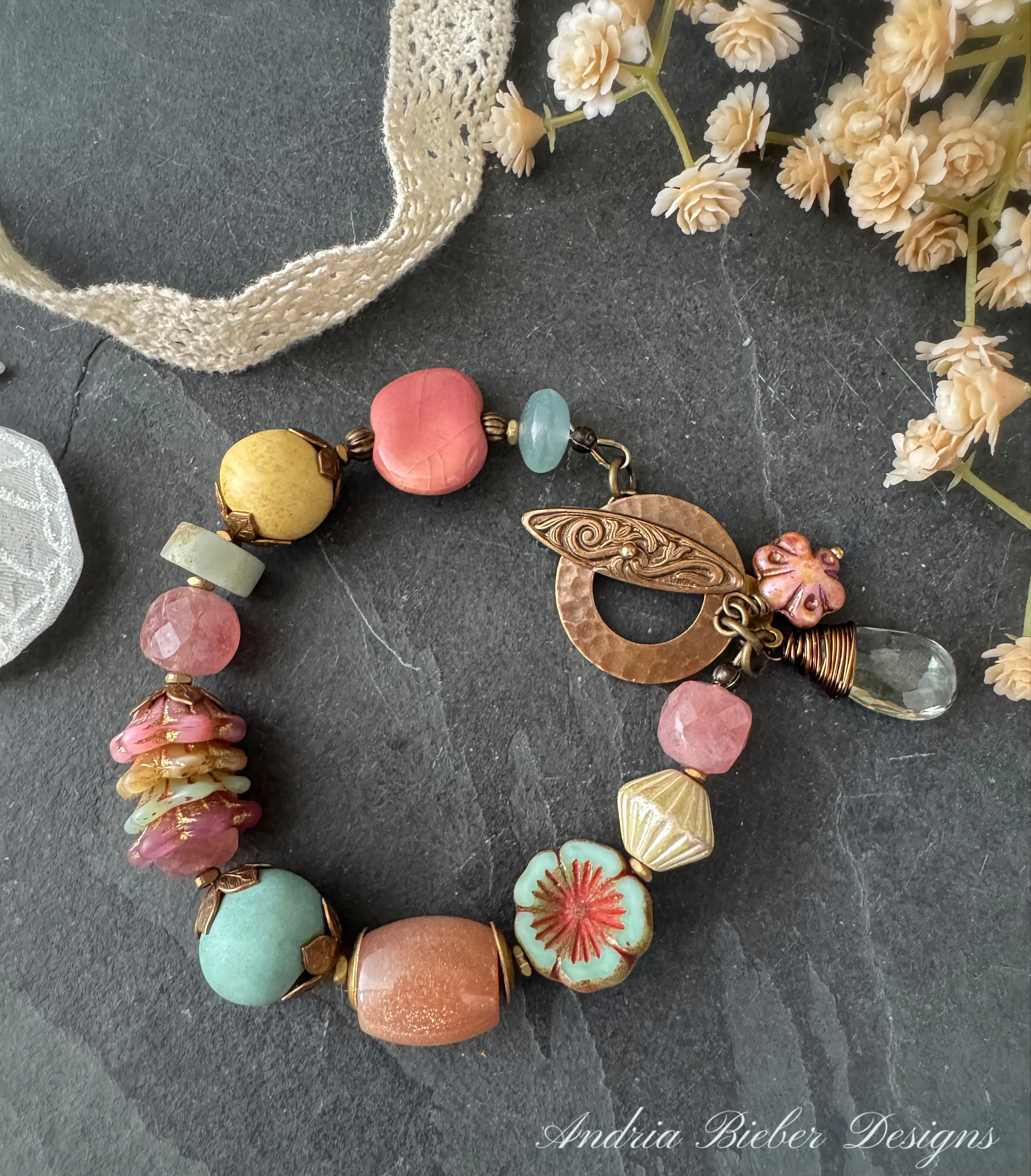 Ceramic beads, czech glass, strawberry quartz stone, peach sunstone, green amethyst, bracelet.