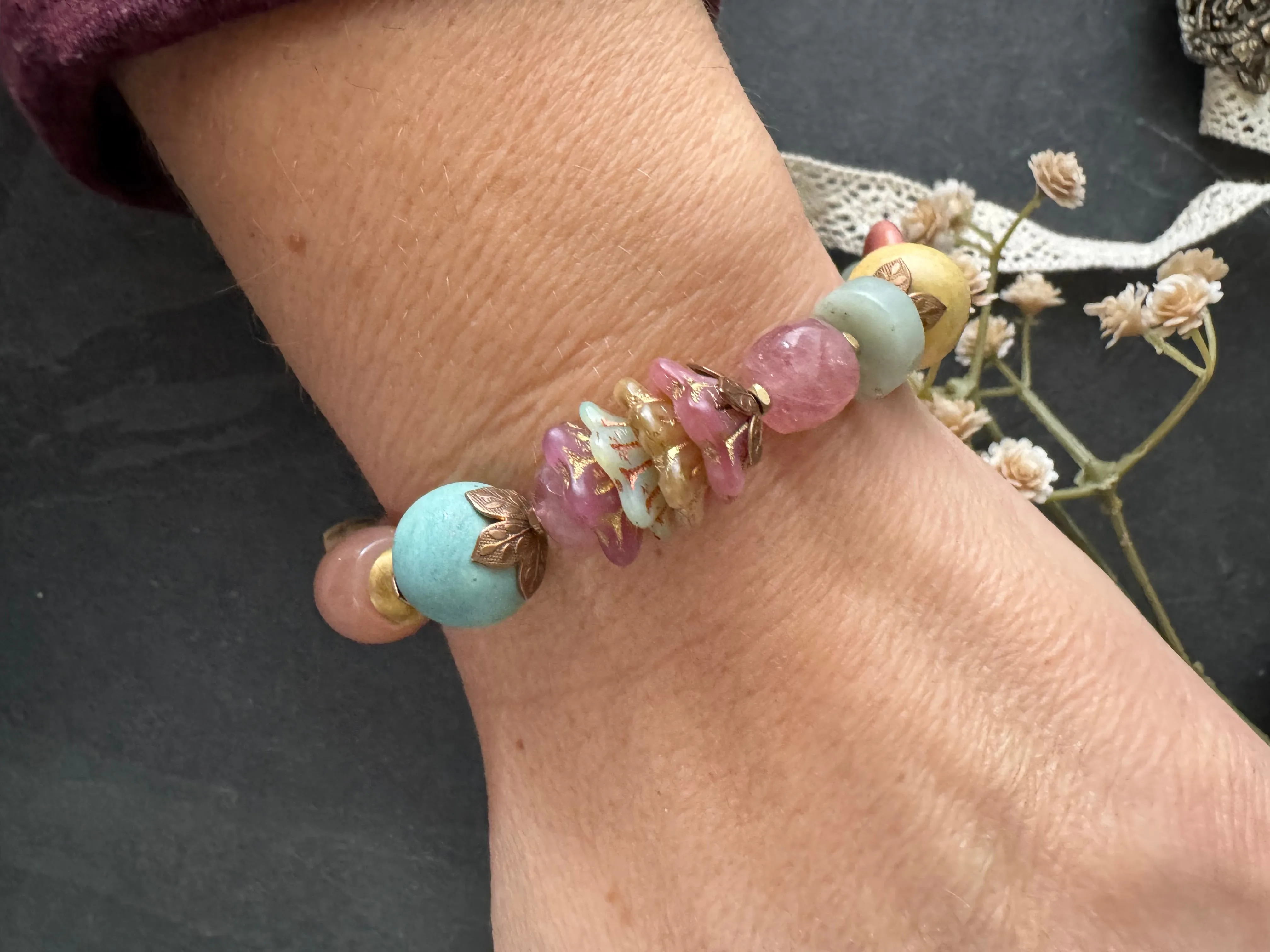 Ceramic beads, czech glass, strawberry quartz stone, peach sunstone, green amethyst, bracelet.
