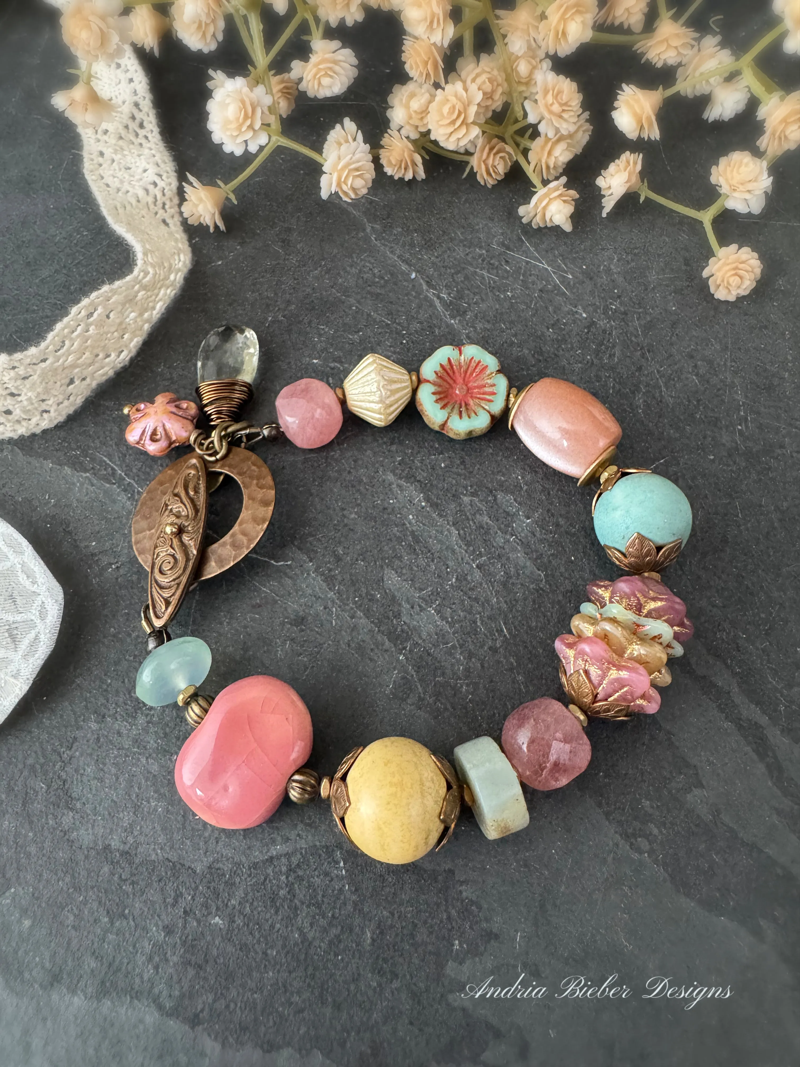 Ceramic beads, czech glass, strawberry quartz stone, peach sunstone, green amethyst, bracelet.