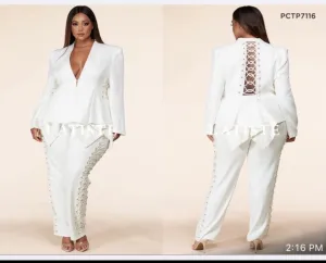 ELEGANT 2 PIECE OFF WHITE BACK LACE PANTS SET