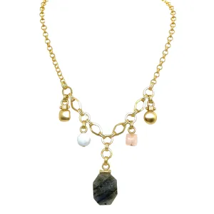 Five Charm Necklace With Labradorite, Matte Aquamarine, Rose Quartz, & Matte Gold