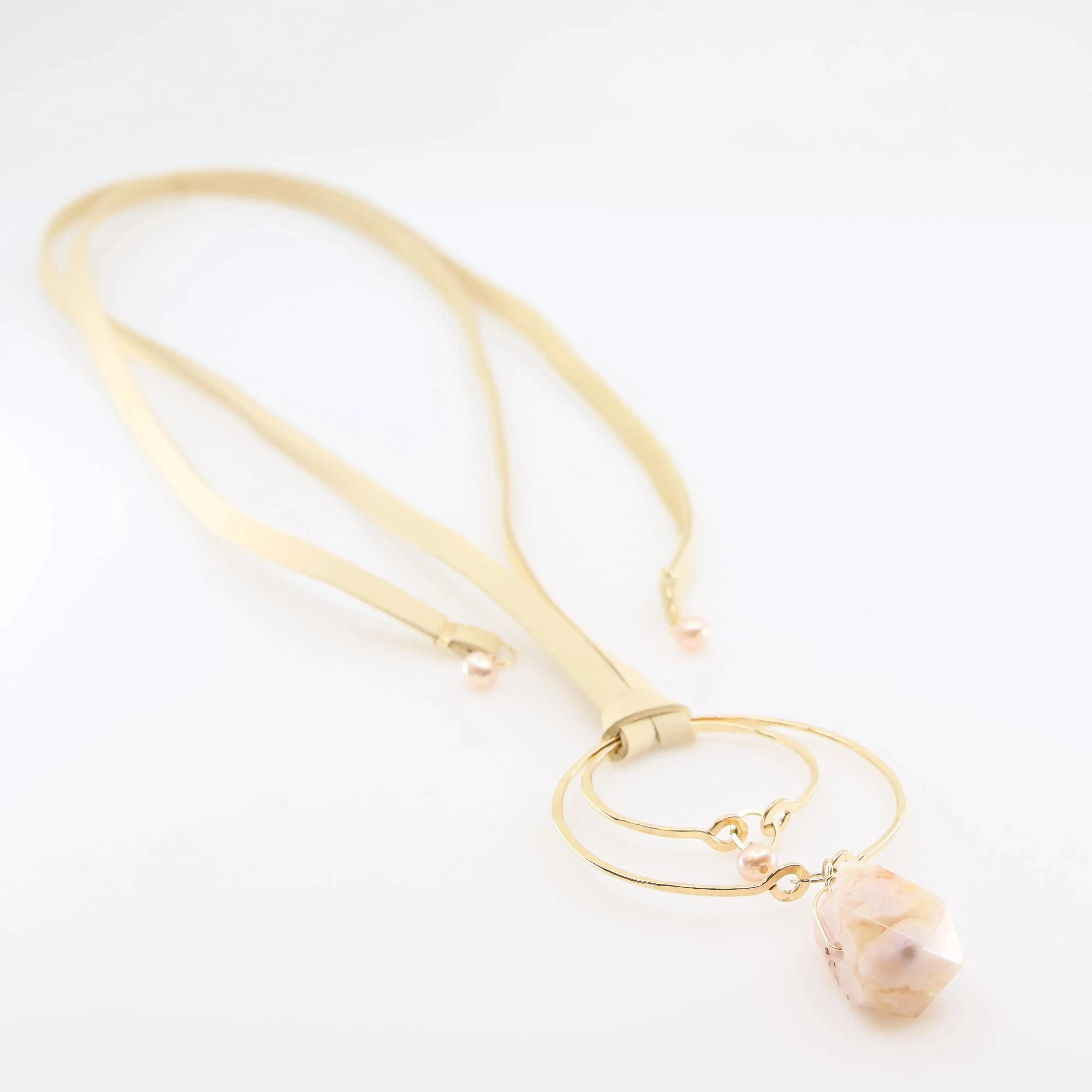 Forged Double Oval & Leather Necklace with Cherry Blossom & Pink Pearl
