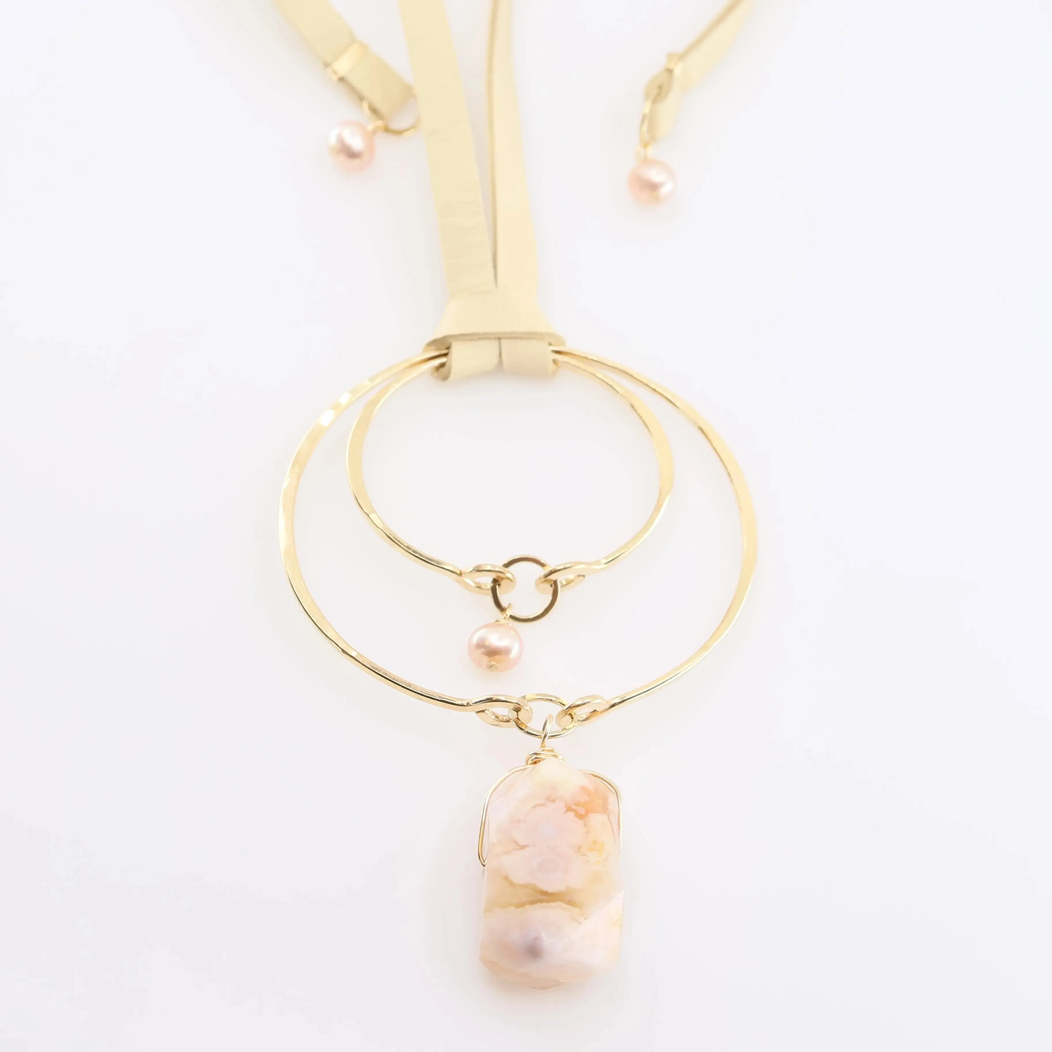 Forged Double Oval & Leather Necklace with Cherry Blossom & Pink Pearl