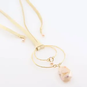 Forged Double Oval & Leather Necklace with Cherry Blossom & Pink Pearl