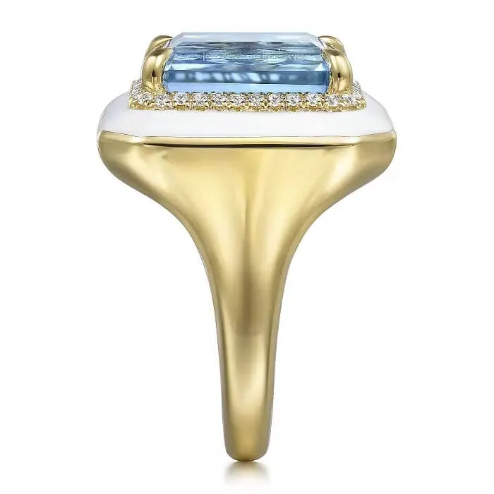 Gabriel 14K Yellow Gold Diamond and Blue Topaz Emerald Cut Ladies Ring with Flower Pattern J-Back and White Enamel LR52520E9Y45BT