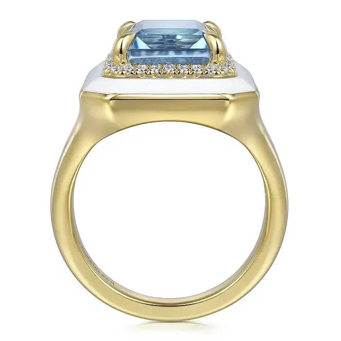 Gabriel 14K Yellow Gold Diamond and Blue Topaz Emerald Cut Ladies Ring with Flower Pattern J-Back and White Enamel LR52520E9Y45BT
