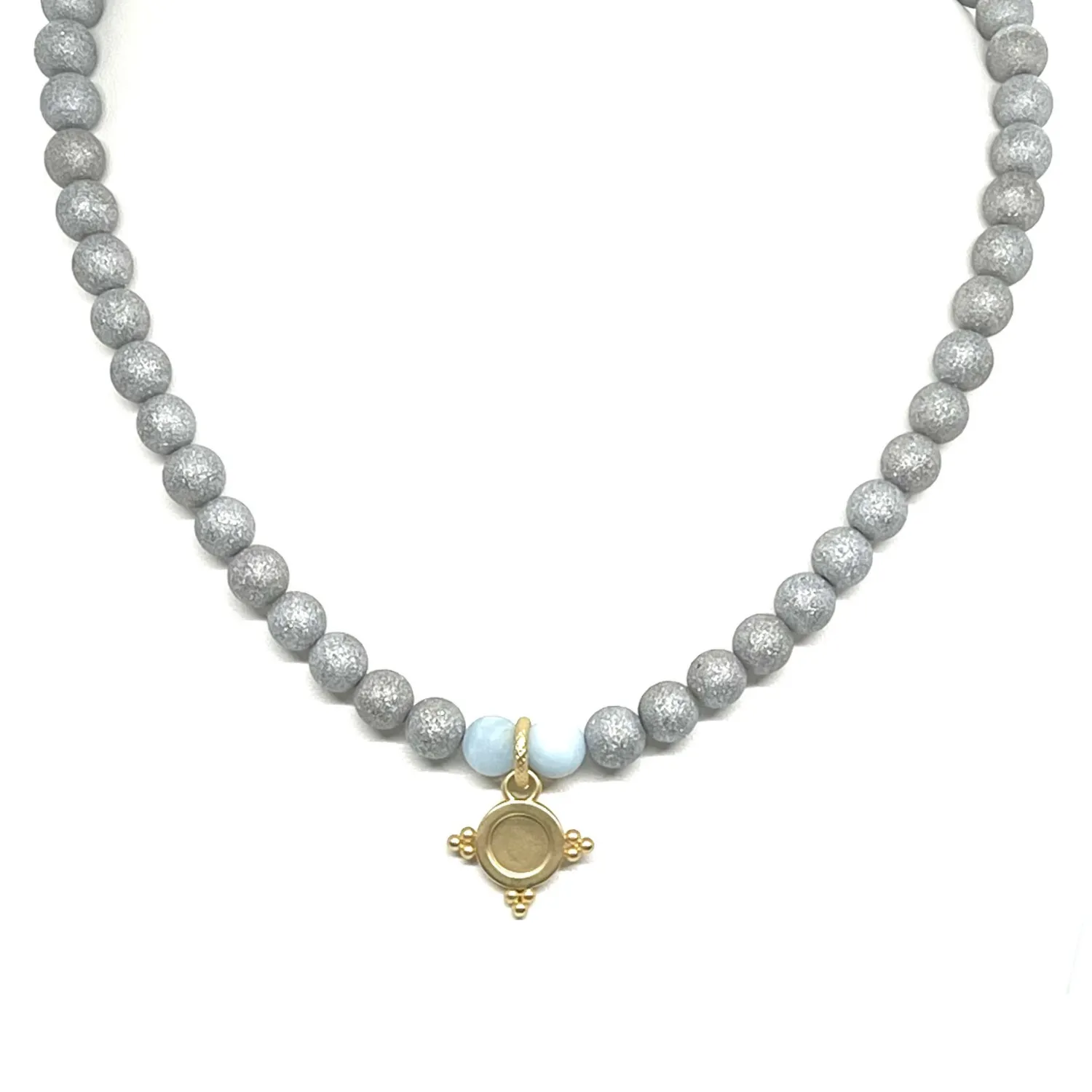 Gray Druzy Necklaces with Matte Aquamarine Accents and Mini Starburst Pendant