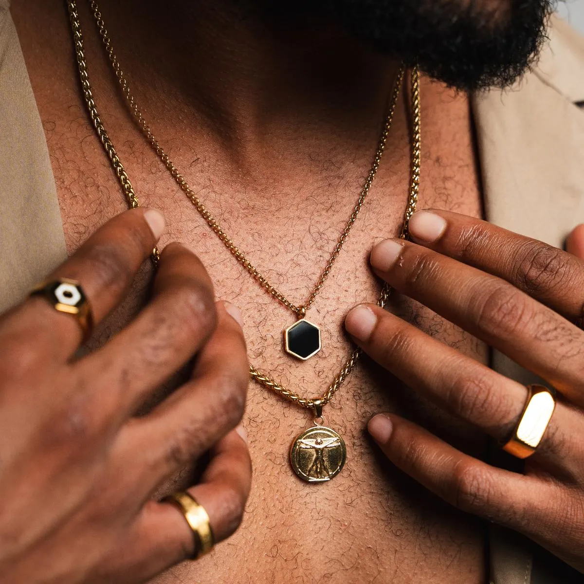 Hex Onyx Pendant Necklace - Gold