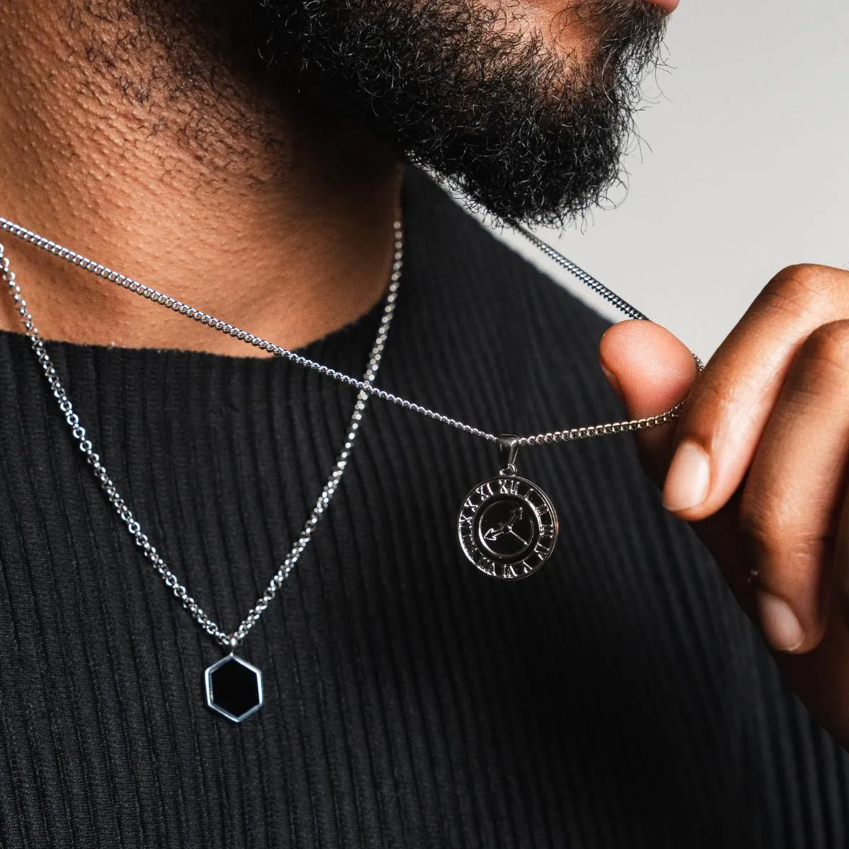 Hex Onyx Pendant Necklace - Silver