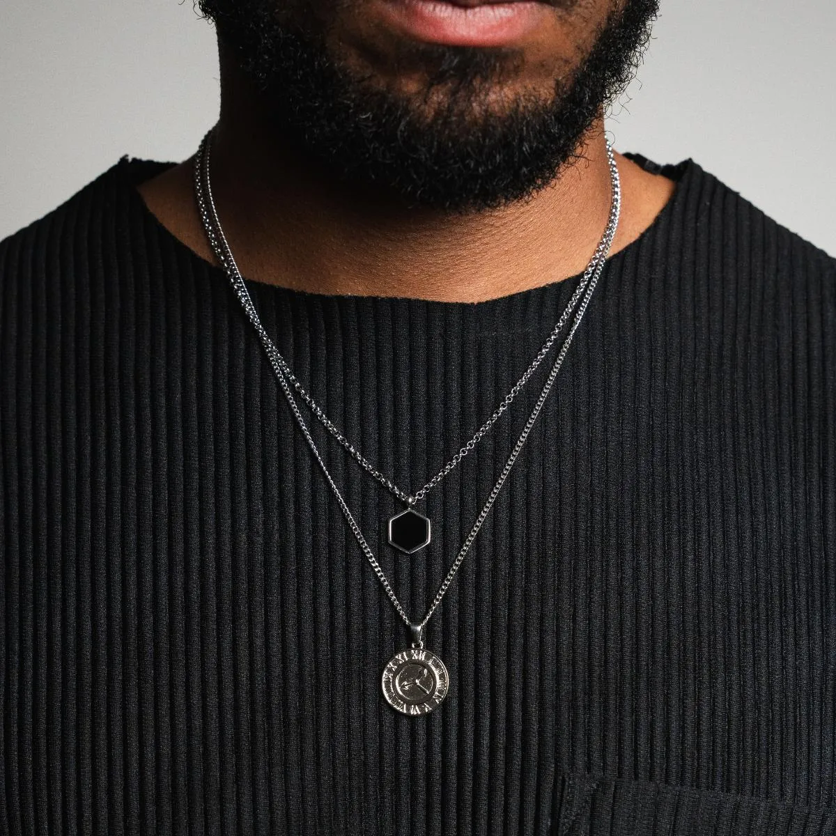 Hex Onyx Pendant Necklace - Silver