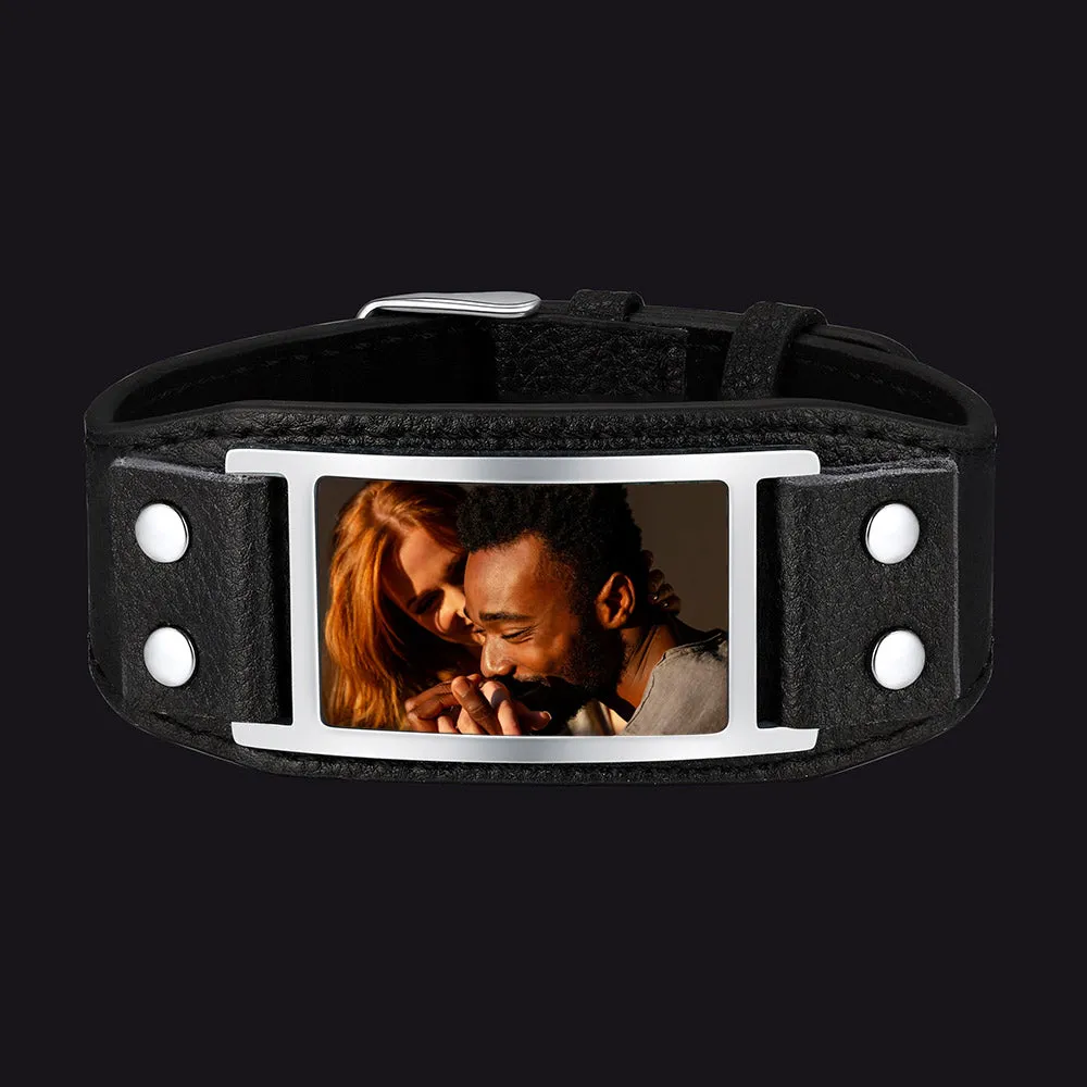 Personalized Picture Leather Bracelet Black Wristband for Men