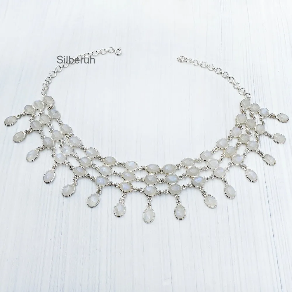 Rainbow Moonstone Choker Silver Necklace