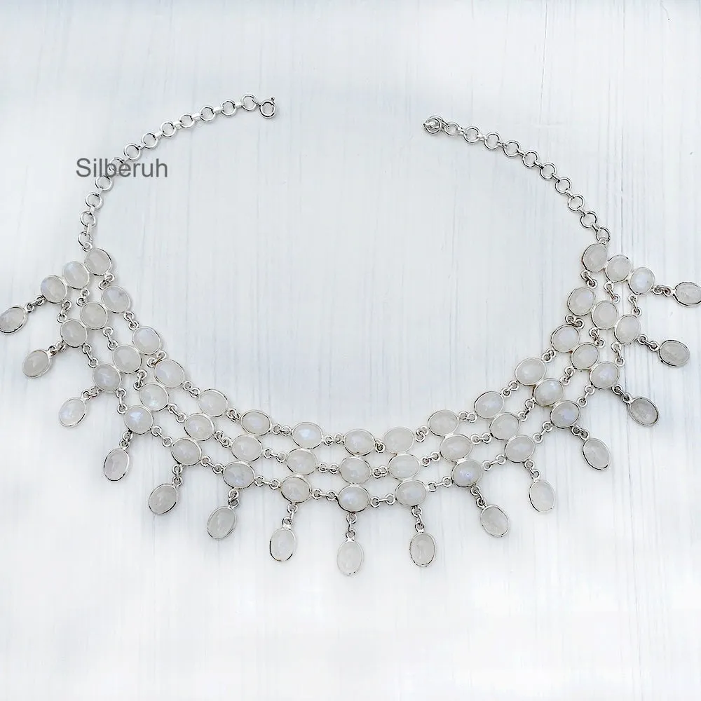 Rainbow Moonstone Choker Silver Necklace