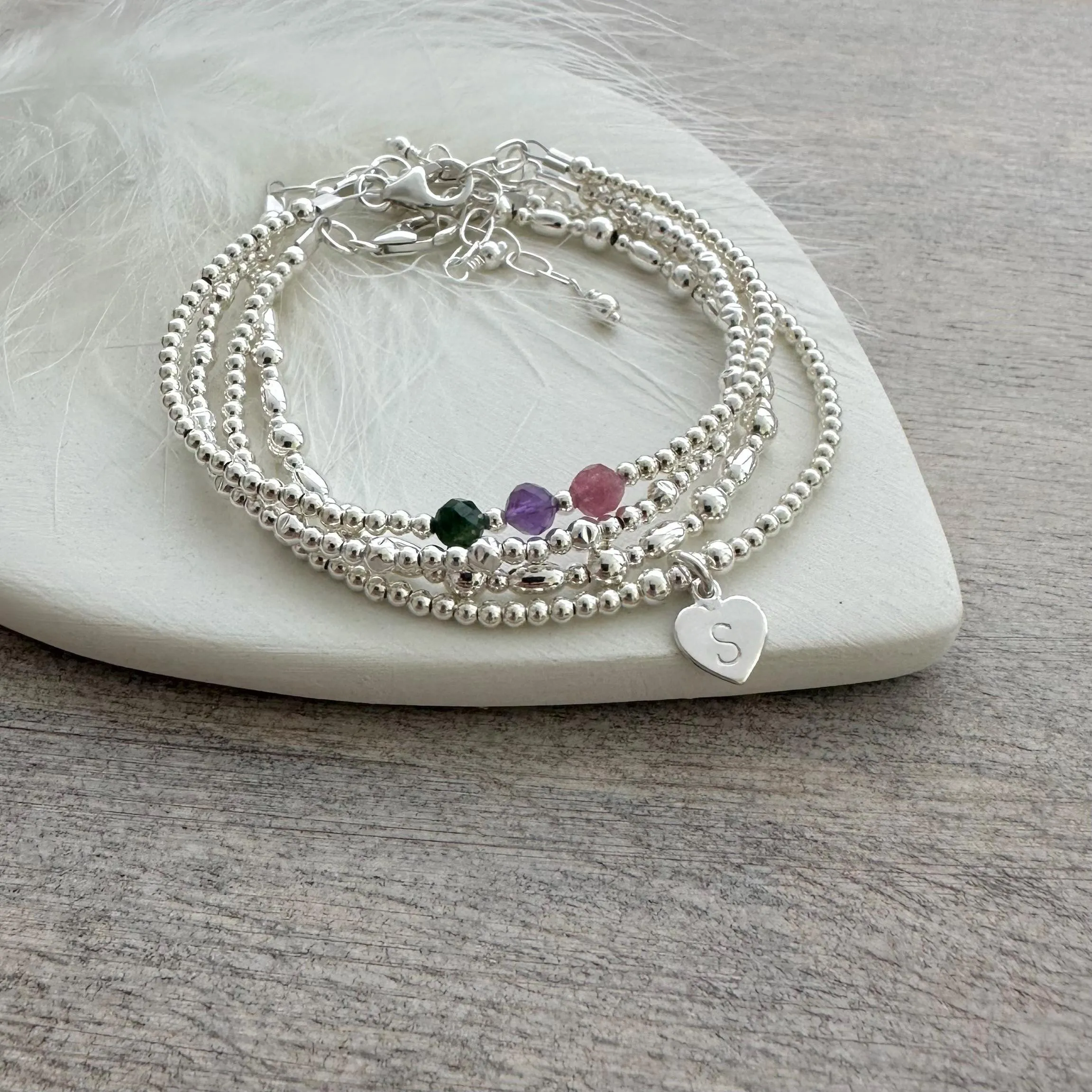 Set of Family Birthstone Stacking Bracelets, Initial Bracelet