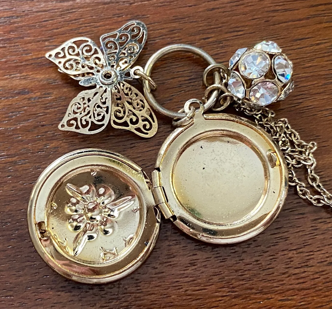 Sweet Claire's Butterfly Flower Rhinestone Charm Locket Necklace Chain Link
