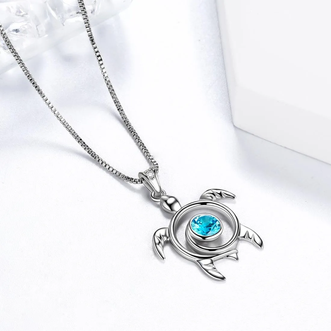 Turtle Birthstone March Aquamarine Necklace Pendant Women Girls Jewelry Birthday Gift