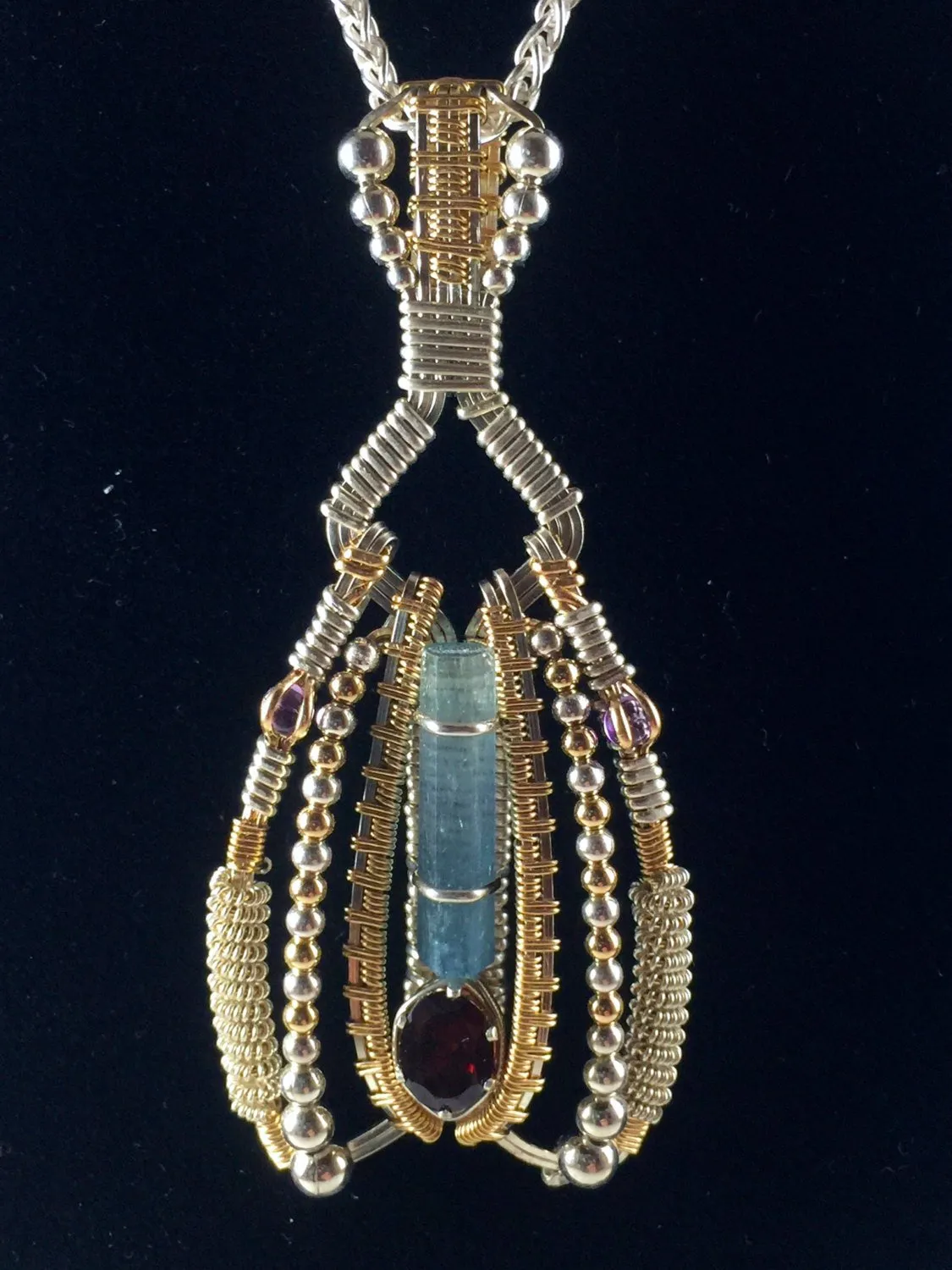 Wire Wrapped Natural Aquamarine And Almandine Garnet Gemstone Ornate Pendant Argentium Silver Hand Made Wire Wrapped Jewelry