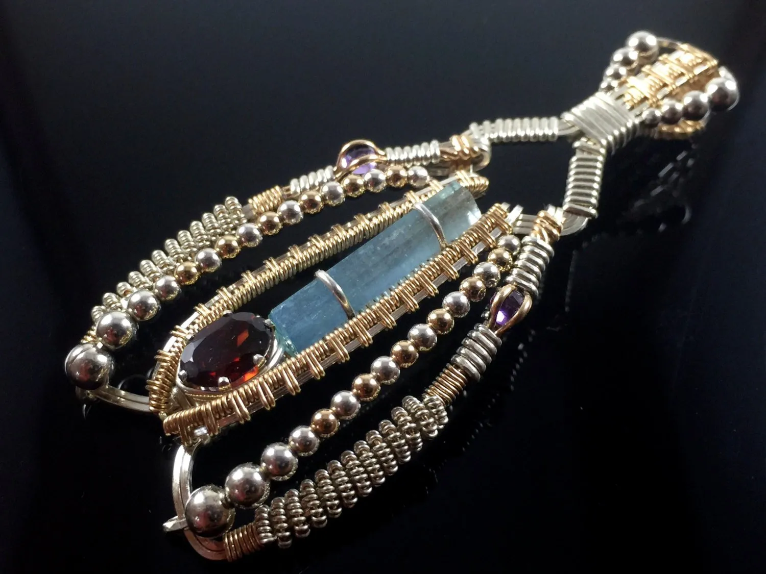 Wire Wrapped Natural Aquamarine And Almandine Garnet Gemstone Ornate Pendant Argentium Silver Hand Made Wire Wrapped Jewelry
