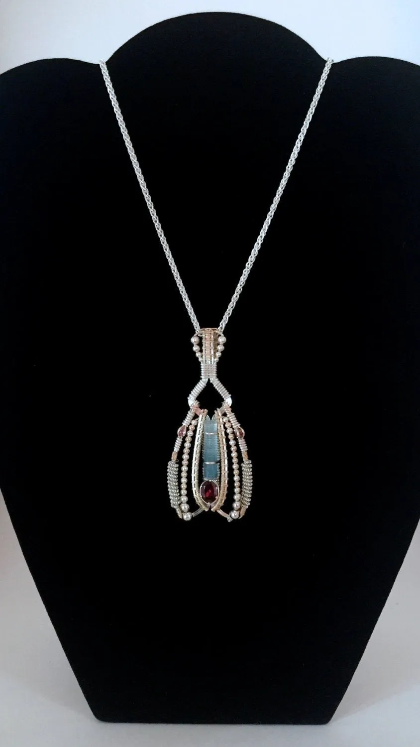 Wire Wrapped Natural Aquamarine And Almandine Garnet Gemstone Ornate Pendant Argentium Silver Hand Made Wire Wrapped Jewelry
