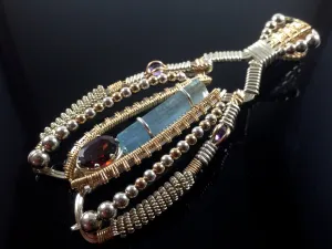 Wire Wrapped Natural Aquamarine And Almandine Garnet Gemstone Ornate Pendant Argentium Silver Hand Made Wire Wrapped Jewelry